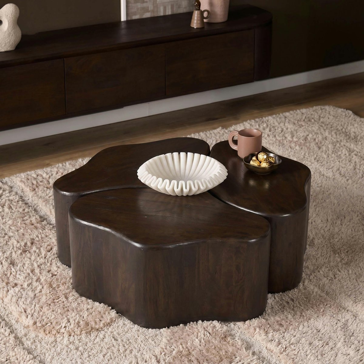 Table basse design organique bois brun 3 blocs ALMA marron, PIER IMPORT