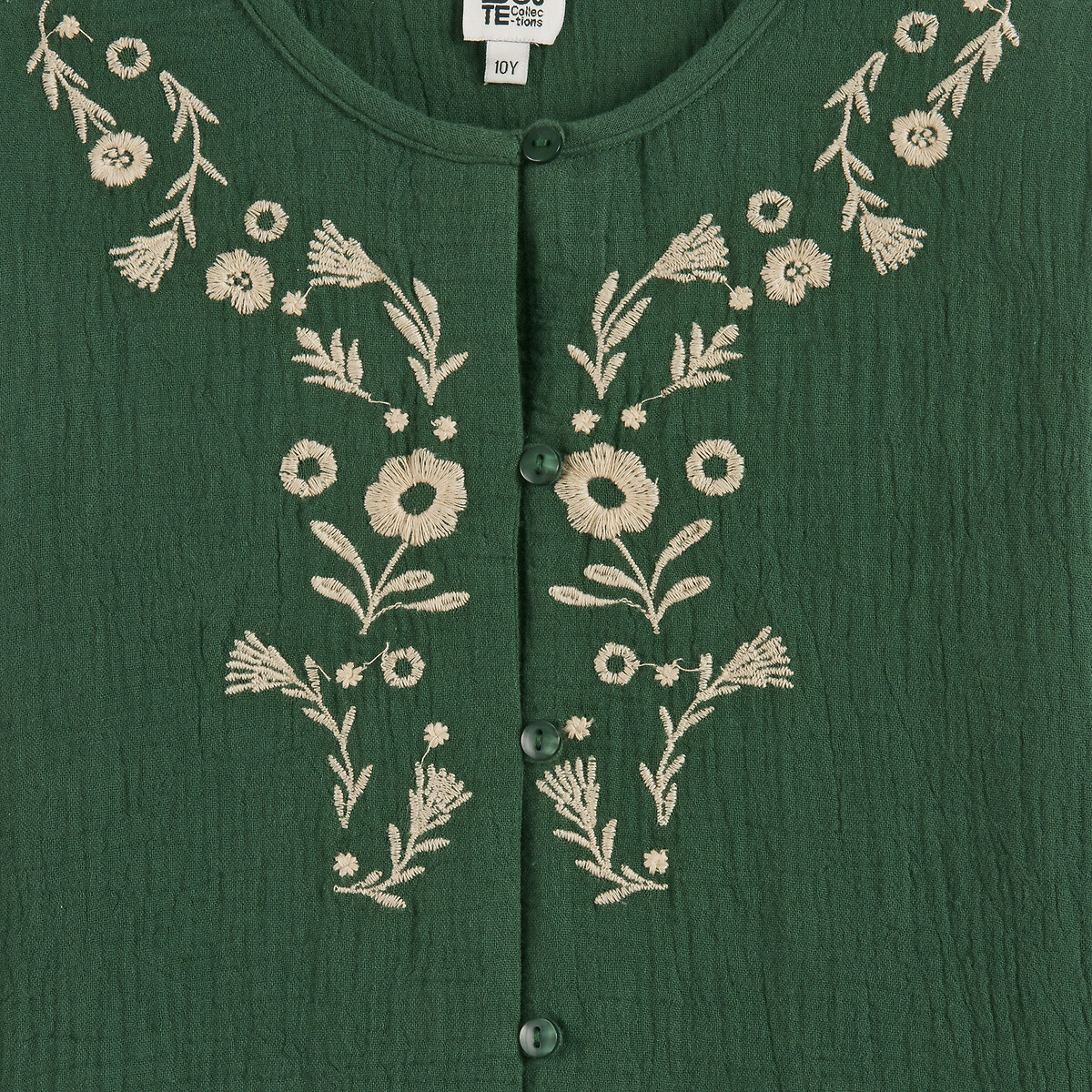 Robe à manches longues, avec broderies folk, en gaze de coton vert, LA REDOUTE COLLECTIONS
