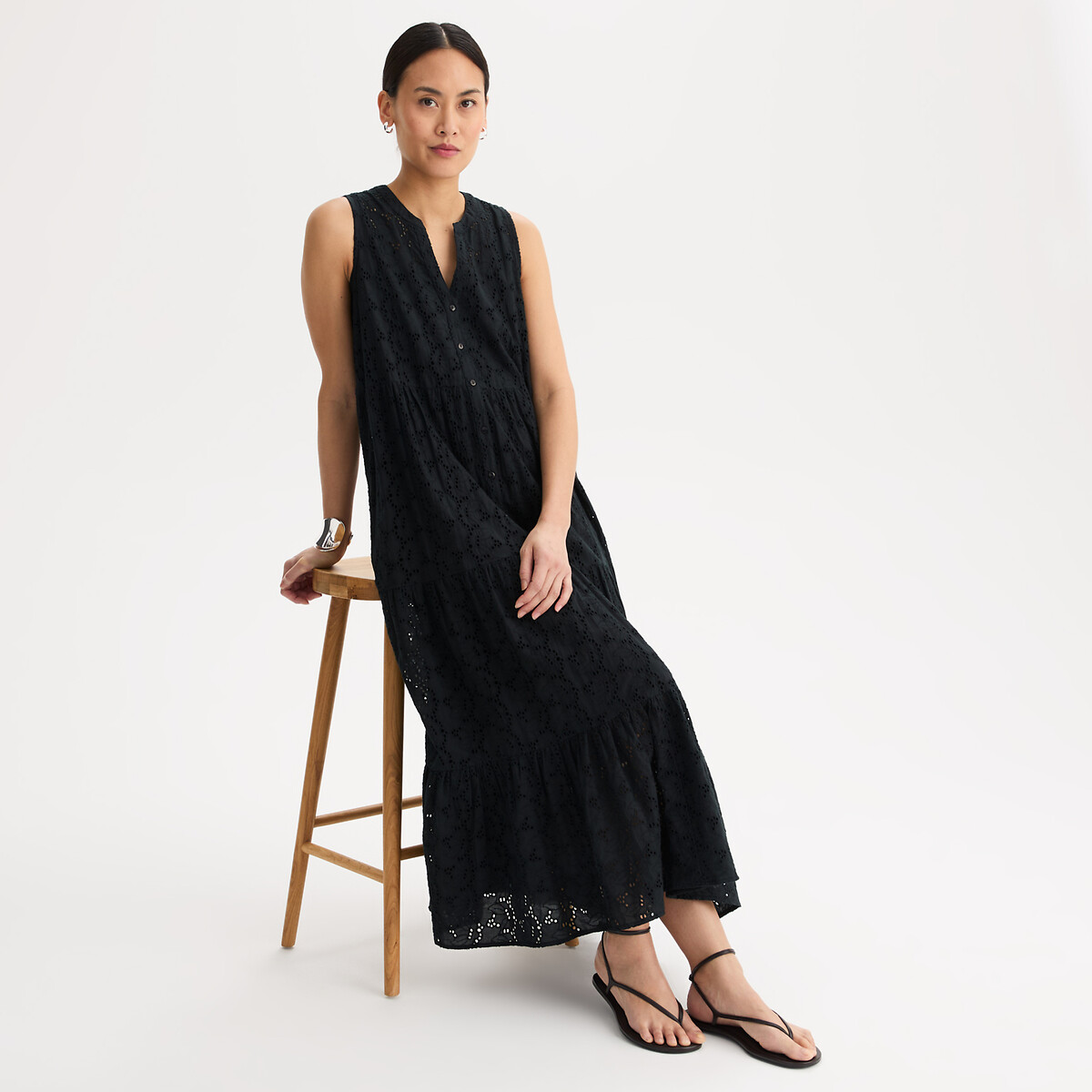 Robe évasée brodée, longue, sans manches noir, ANNE WEYBURN