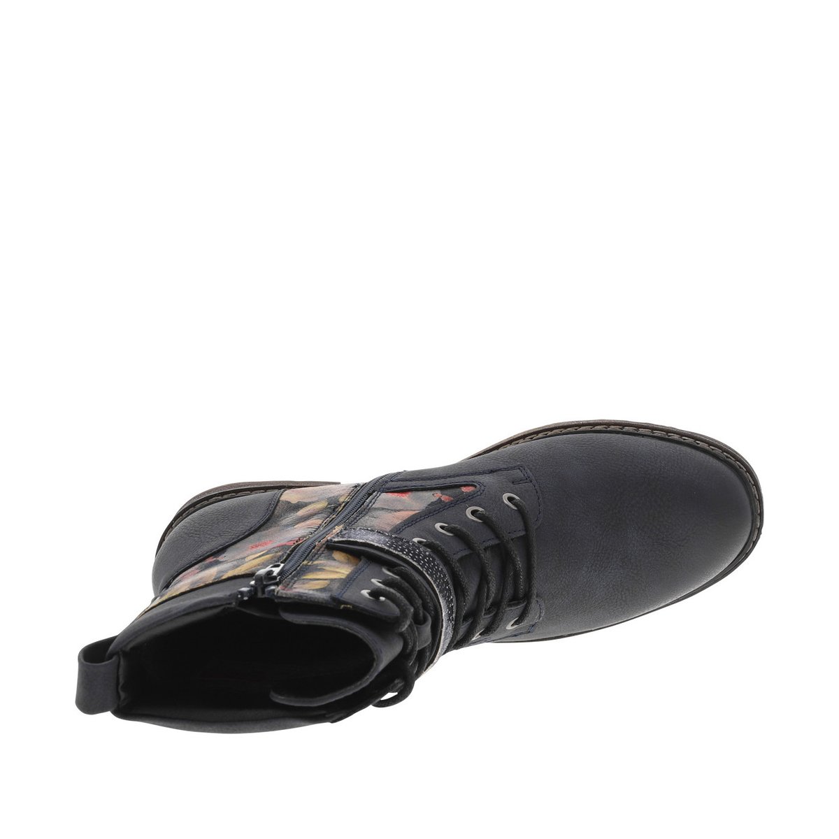 Bottines bleues à talon décroché bas avec un zip et des lacets ronds bleues, RIEKER