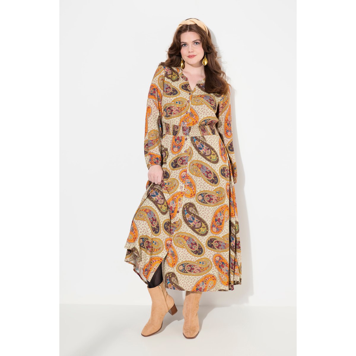 Robe maxi décolleté en V et manches longues or mat, ULLA POPKEN