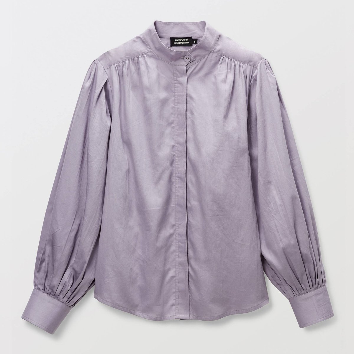 Chemise unie avec manches longues bouffantes et col officier en BIO GOTS oursin, MONOPRIX
