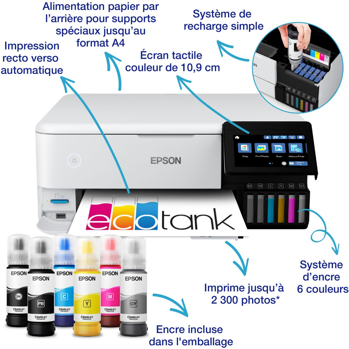 Imprimante jet d'encre EcoTank ET-8500 blanc, EPSON