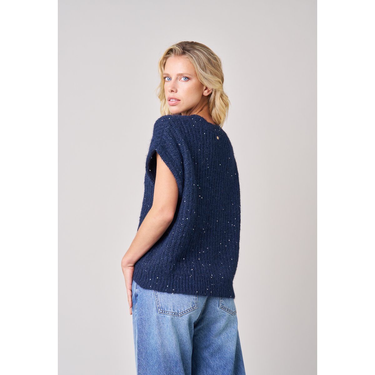 Pull sans manches femme en maille douce SYLBIA navy, DEELUXE
