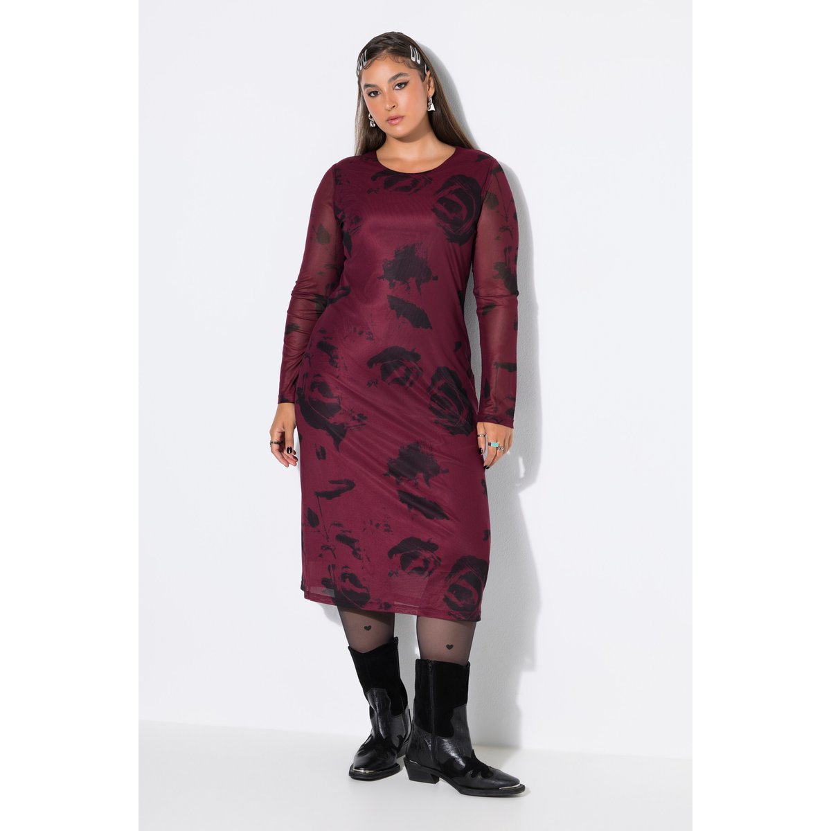 Robe maxi en mesh à motif bordeaux rouge, STUDIO UNTOLD
