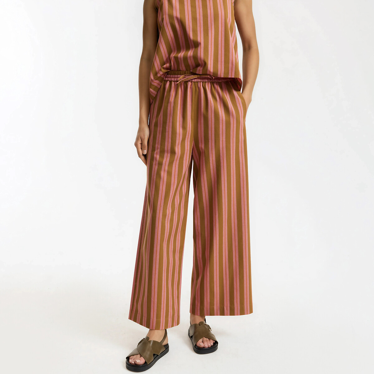 Pantaloni a gamba larga a righe con elastico in vita righe rosa/cammello, LA REDOUTE COLLECTIONS