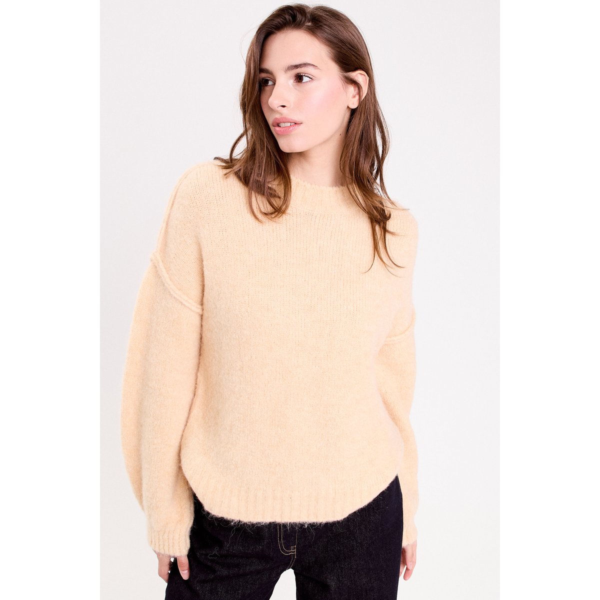 Pull oversize col rond manches longues jaune paille, CACHE CACHE