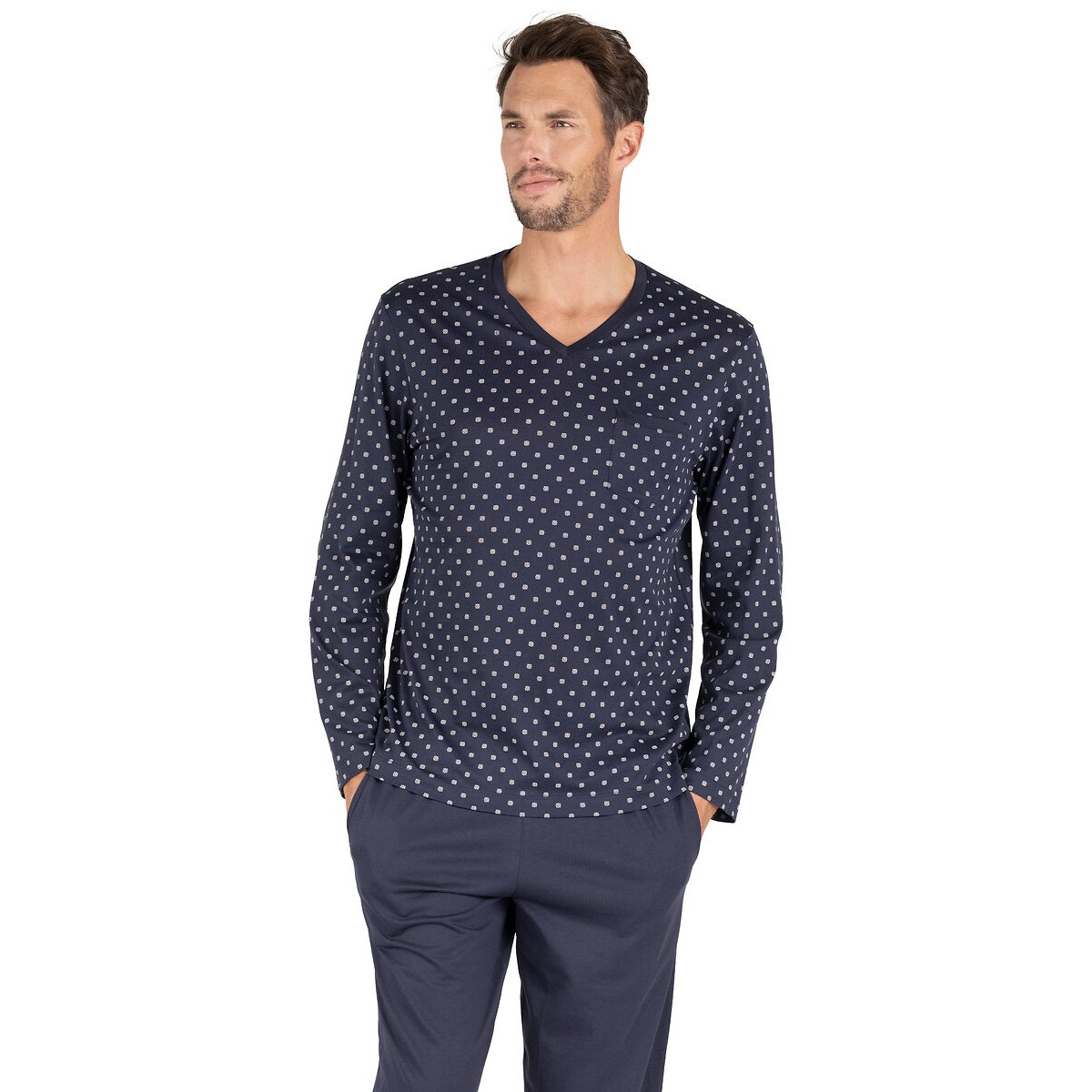 Pyjama mercerisé col V bleu marine, EMINENCE