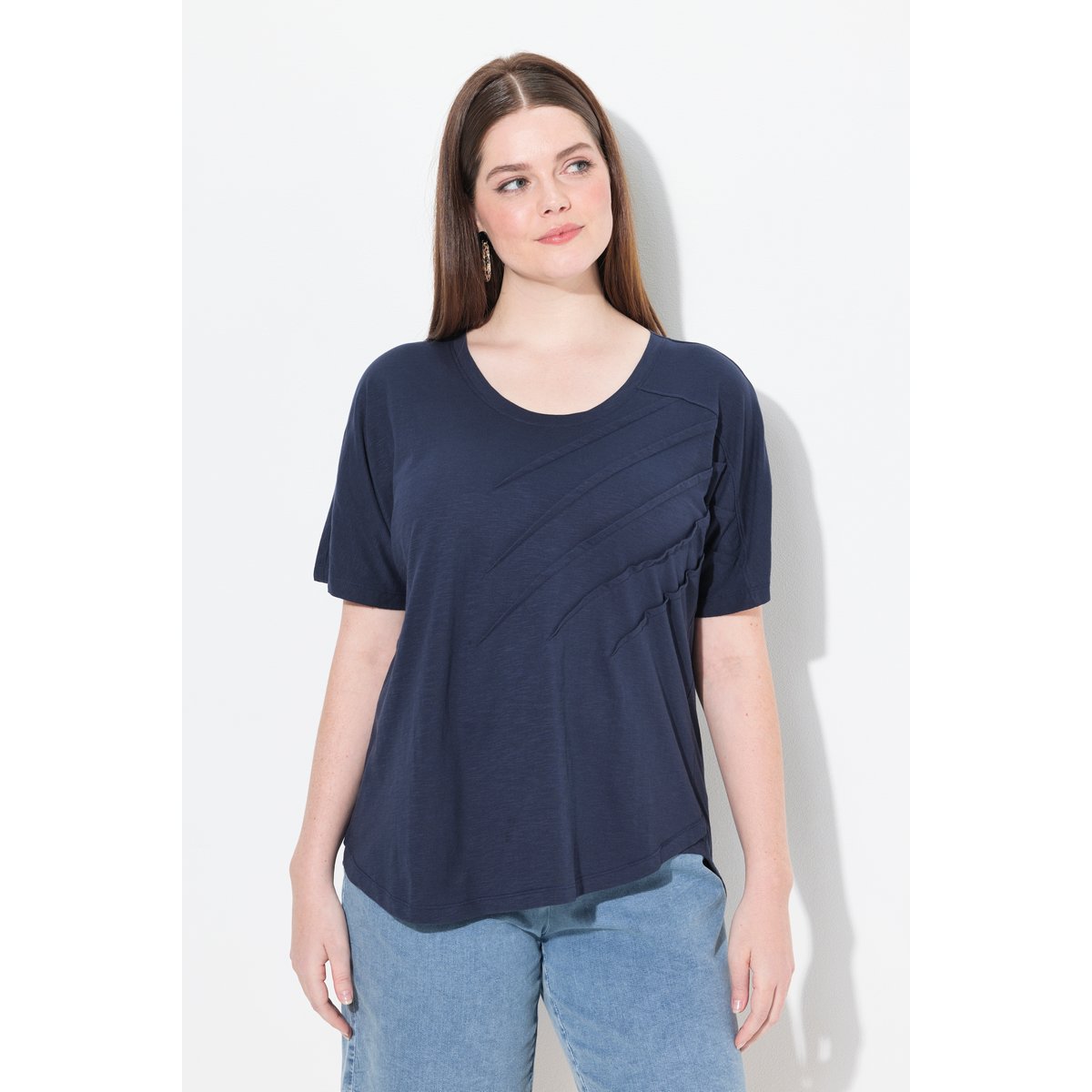 T-shirt, plis, col rond, manches courtes marine, ULLA POPKEN