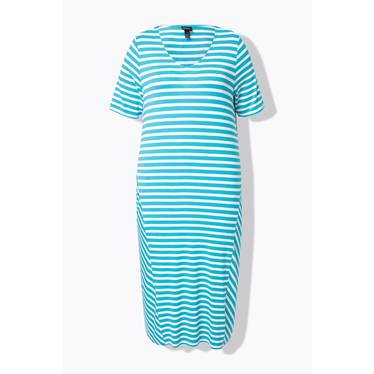 Robe midi à rayures. Décolleté V et manches aqua foncé, ULLA POPKEN