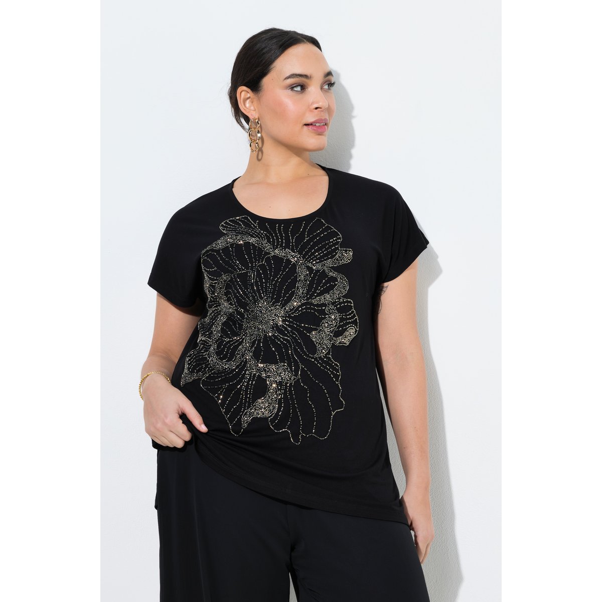 Blouse avec fleurs et petits strass noir, ULLA POPKEN