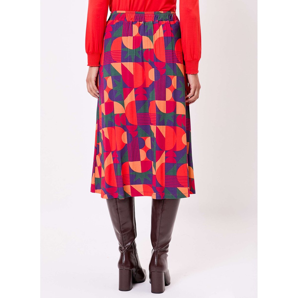 Jupe midi imprimée maille fluide évasée ELINA rouge violet caldera, PRINCESSE NOMADE