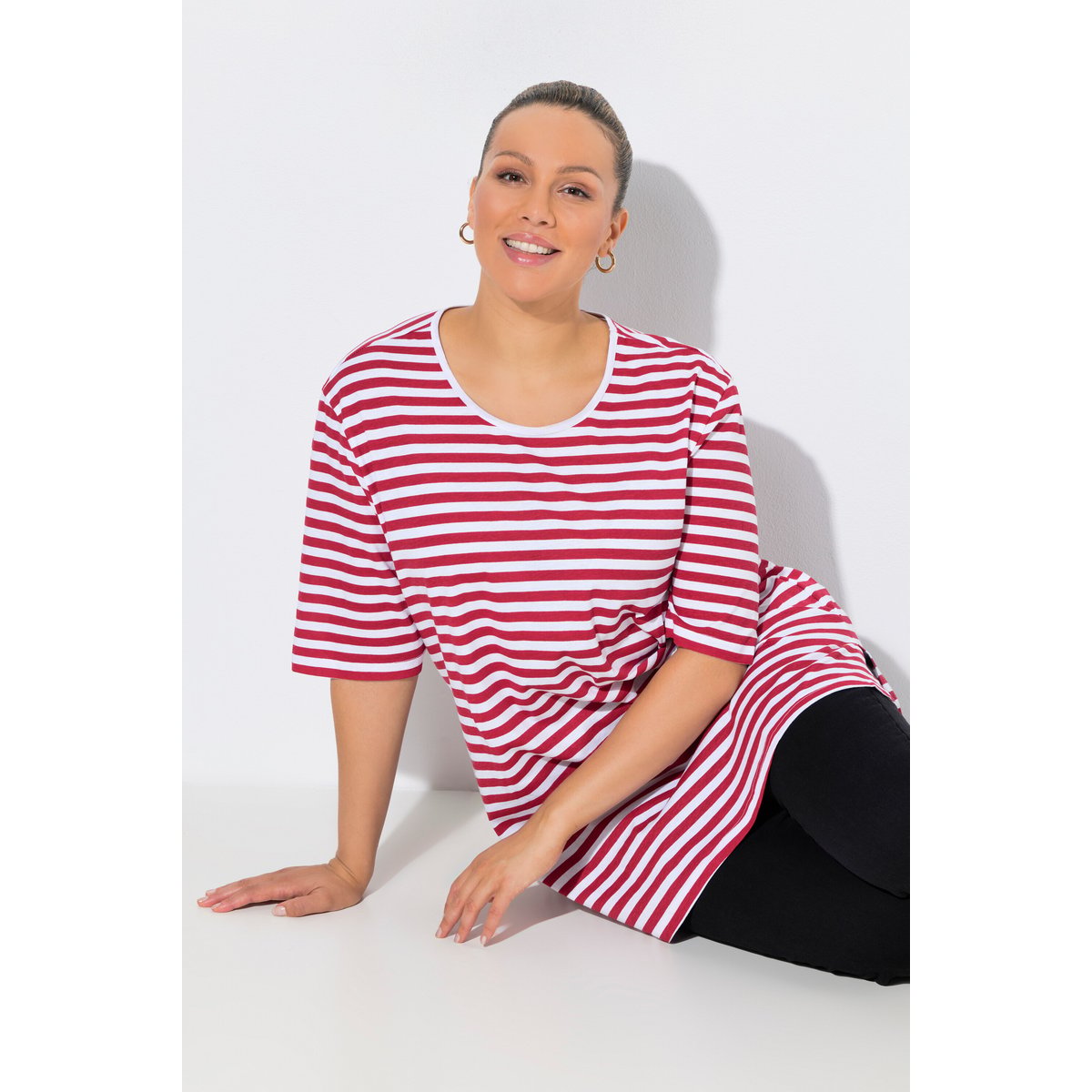 T-shirt rayé, col rond et manches courtes litchi, ULLA POPKEN