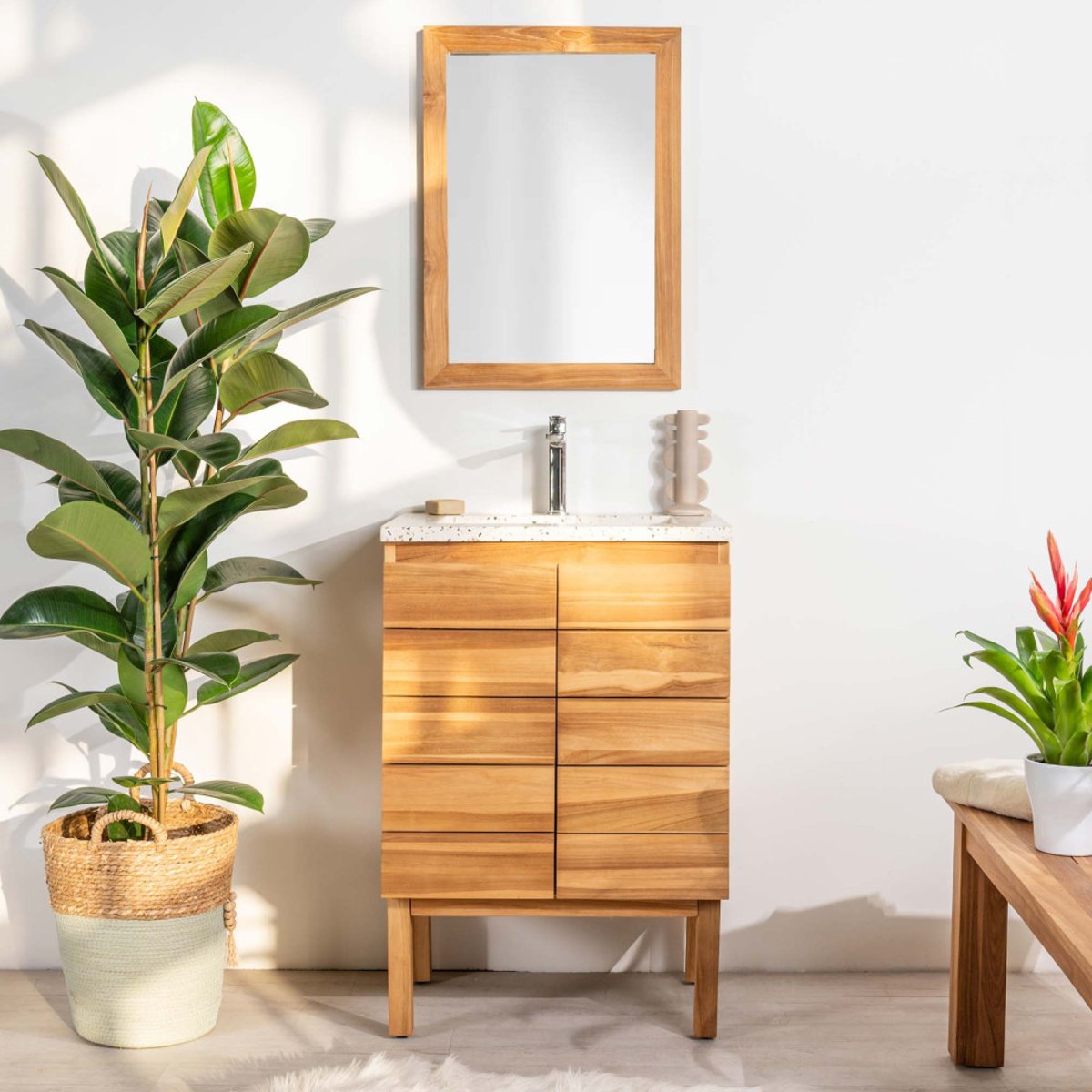 Meuble salle de bain en teck et terrazzo crème Ananta 60cm crème, WANDA COLLECTION