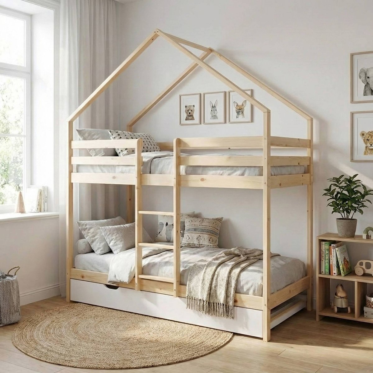 Lit enfant superposé cabane 90 x 190 cm pin naturel avec lit tiroir ROYA blanc, SWEEEK