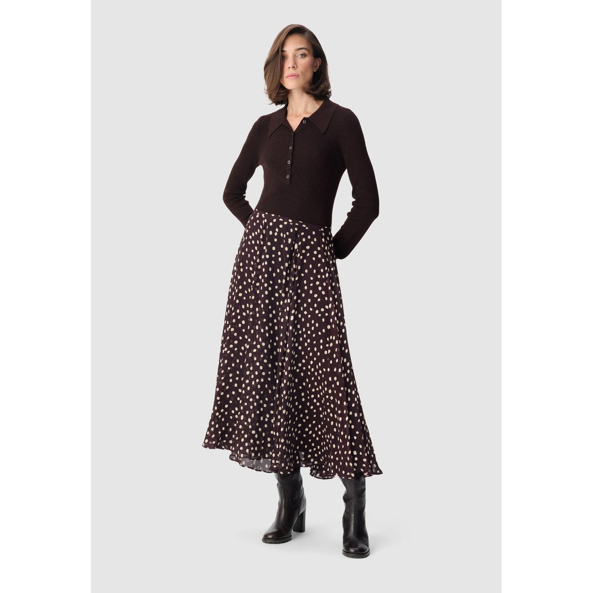 Pull tricot côtelé col polo boutonné marron foncé, IKKS