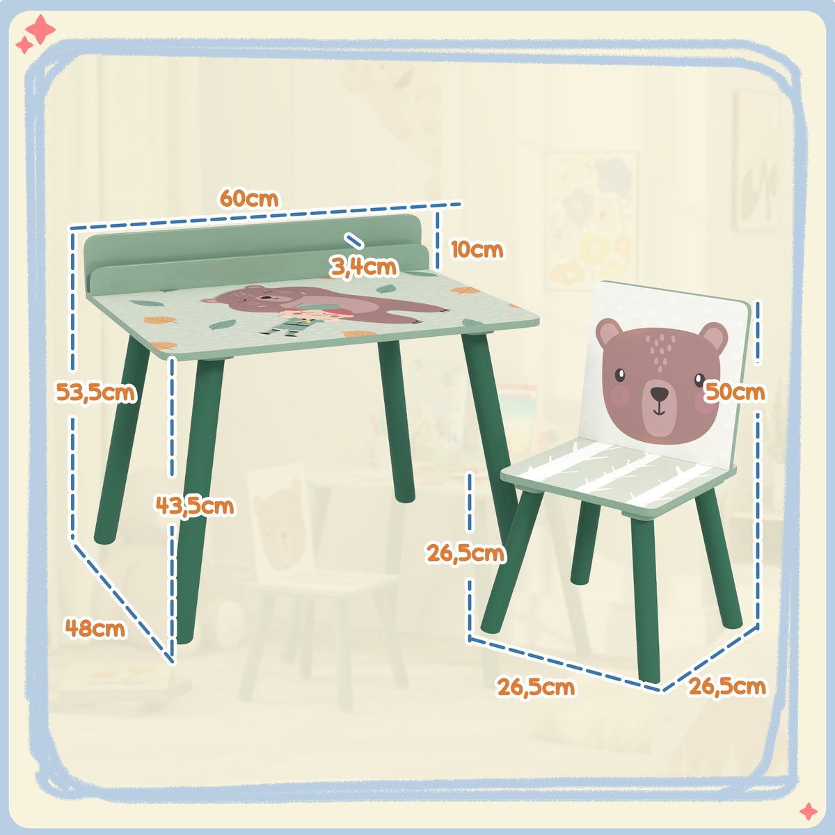 Ensemble table et chaises pour enfants MDF vert émeraude, AIYAPLAY