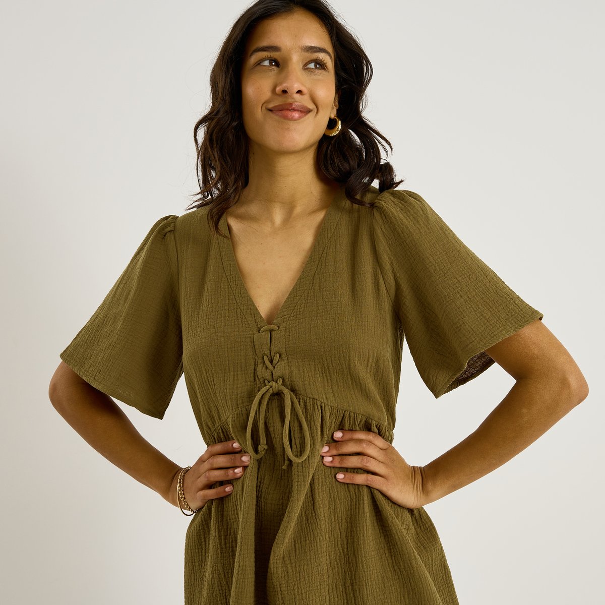 Robe courte en gaze de coton vert kaki, GRAIN DE MALICE