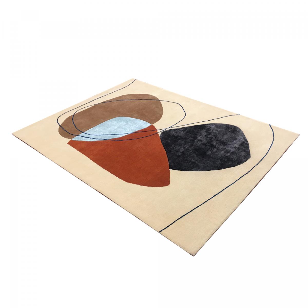 Tapis salon et chambre fait main en laine motif géométrique AZUR beige, orange,marron, noir, UN AMOUR DE TAPIS