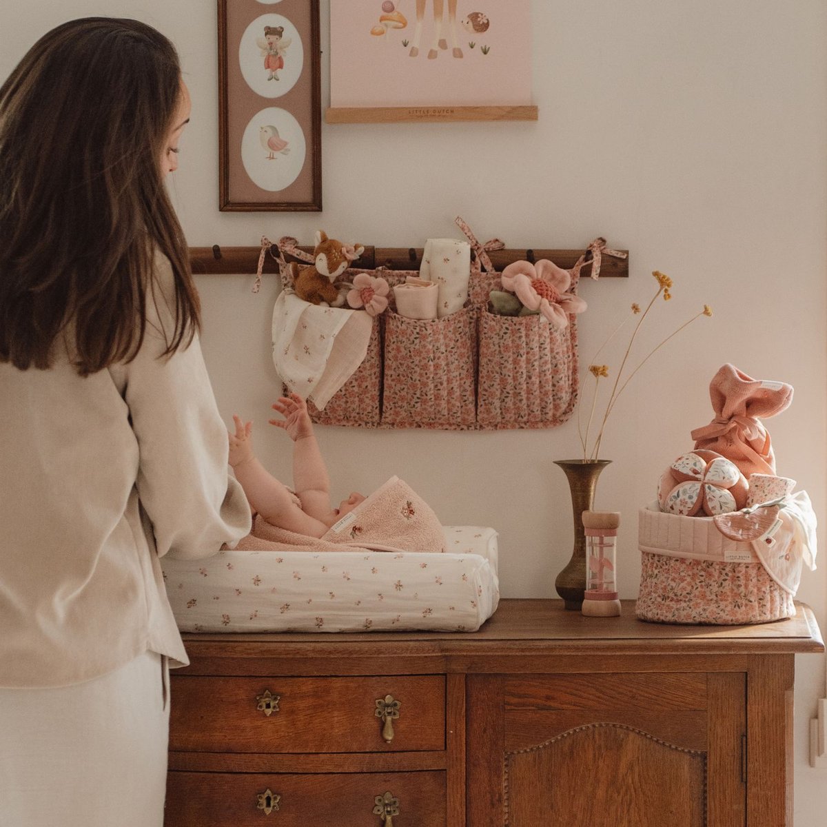 Housse pour matelas à langer blanc, rose, LITTLE DUTCH