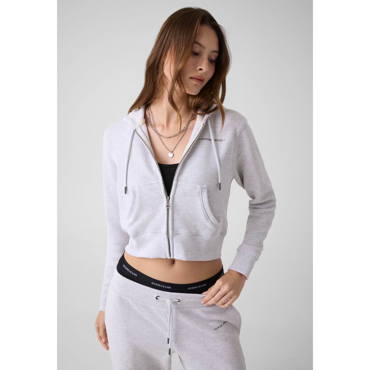 Sweat-Shirt En Coton Gaufré gris clair, GUESS