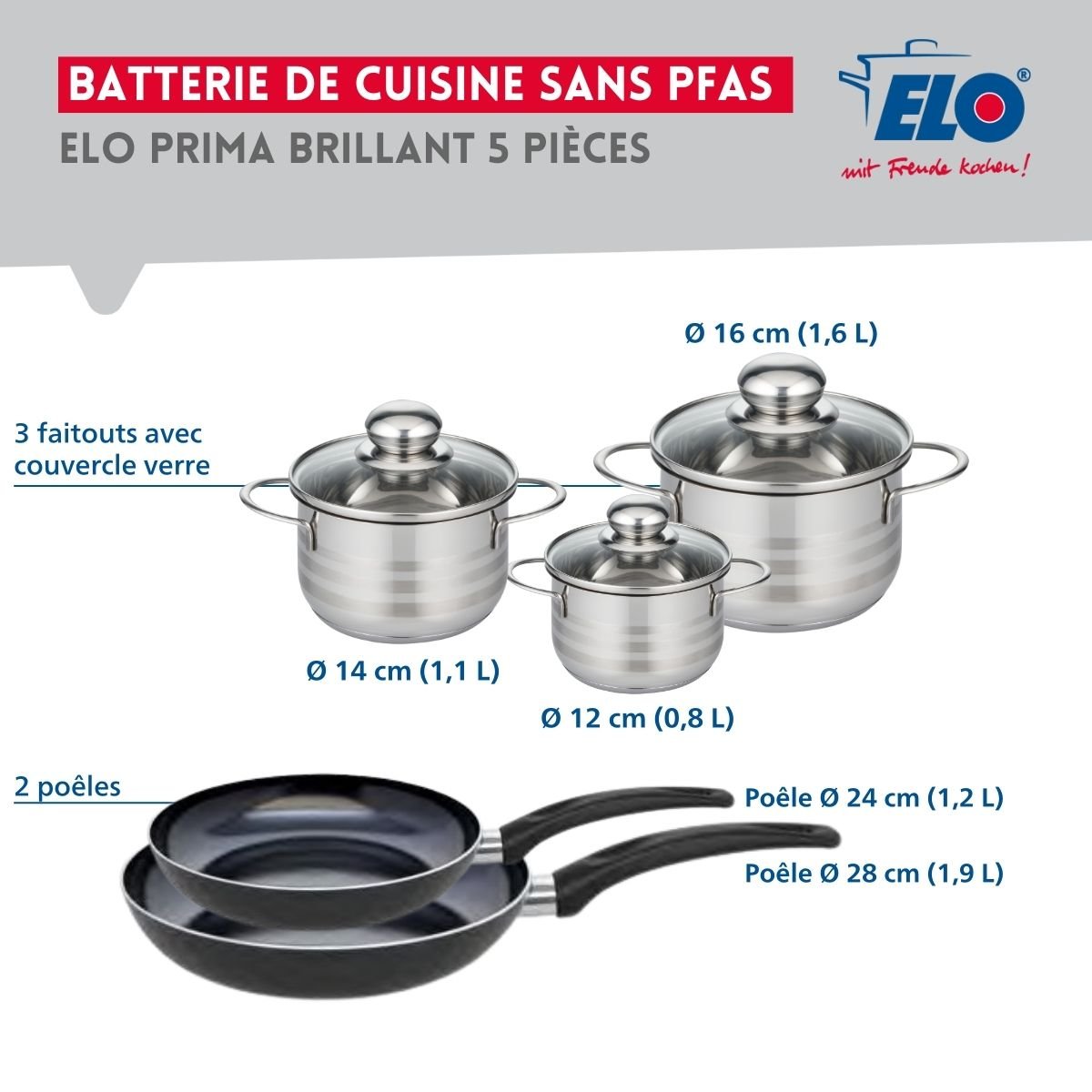 Batterie 2 poêles 24/28cm + 3 faitouts 12/14/16cm PRIMA BRILLANT noir, ELO