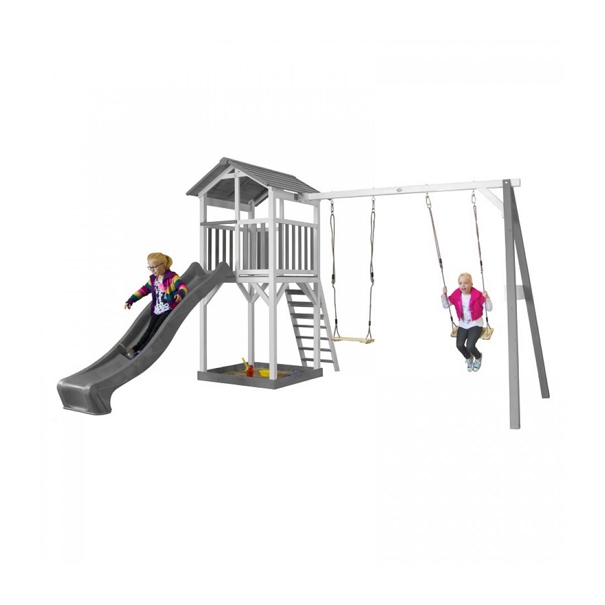 AXI Structure de jeu Beach Tower Blanc Gris avec 2 balancoires et toboggan Gris couleur unique, AXI HOUSE