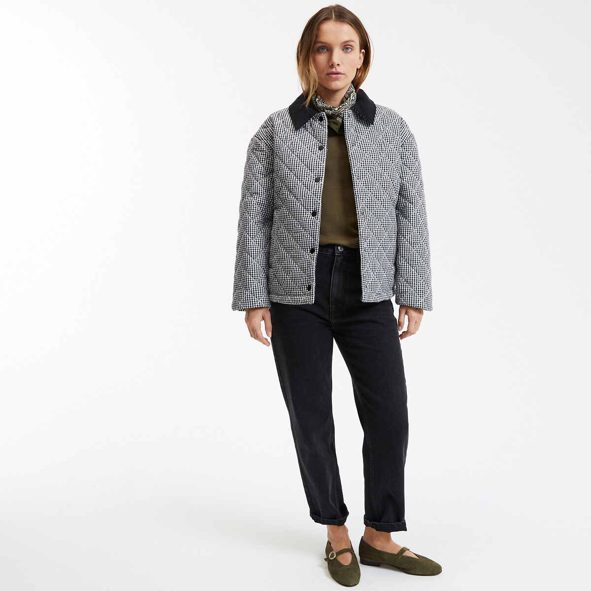 Gingham Print Cotton Quilted Jacket black gingham check/white, LA REDOUTE COLLECTIONS