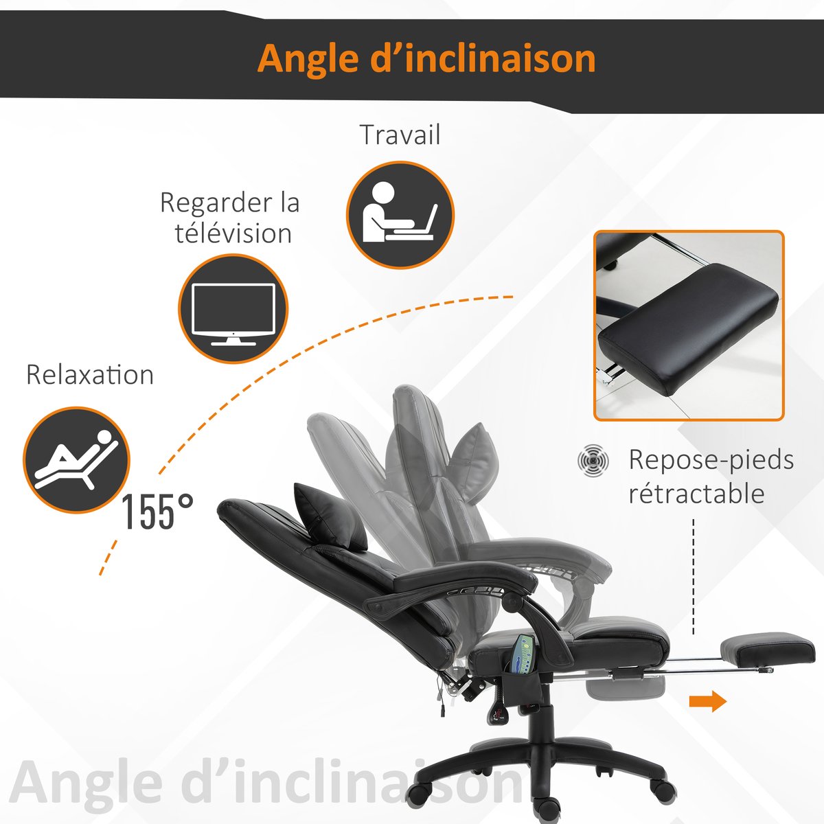 Fauteuil de bureau avec fonction massage noir, HOMCOM