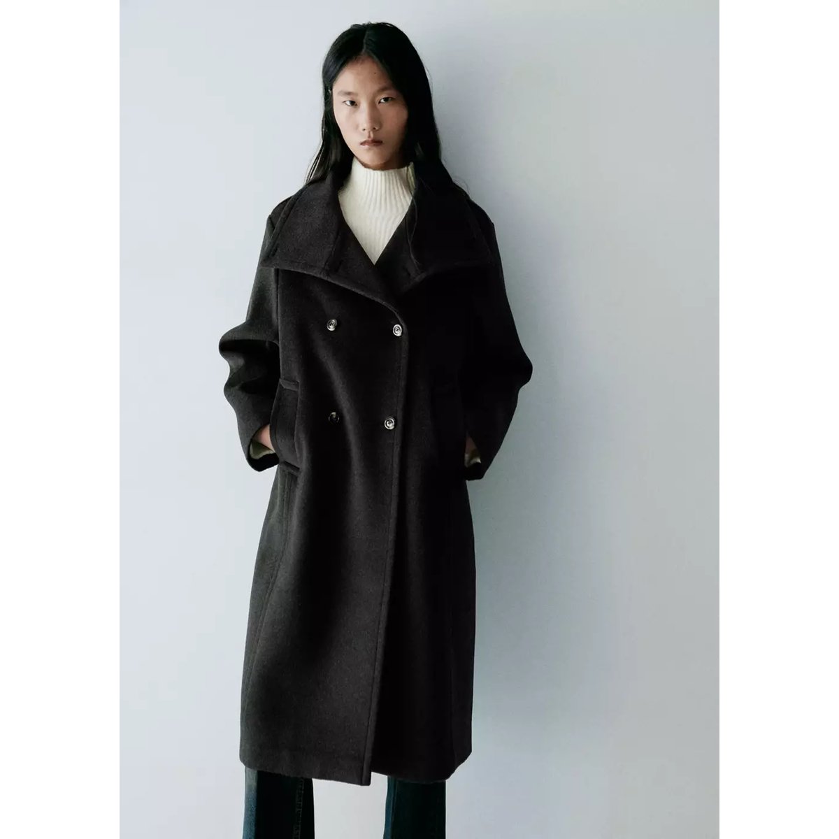 Manteau en mélange de laine à col cheminée gris chiné foncé, MANGO