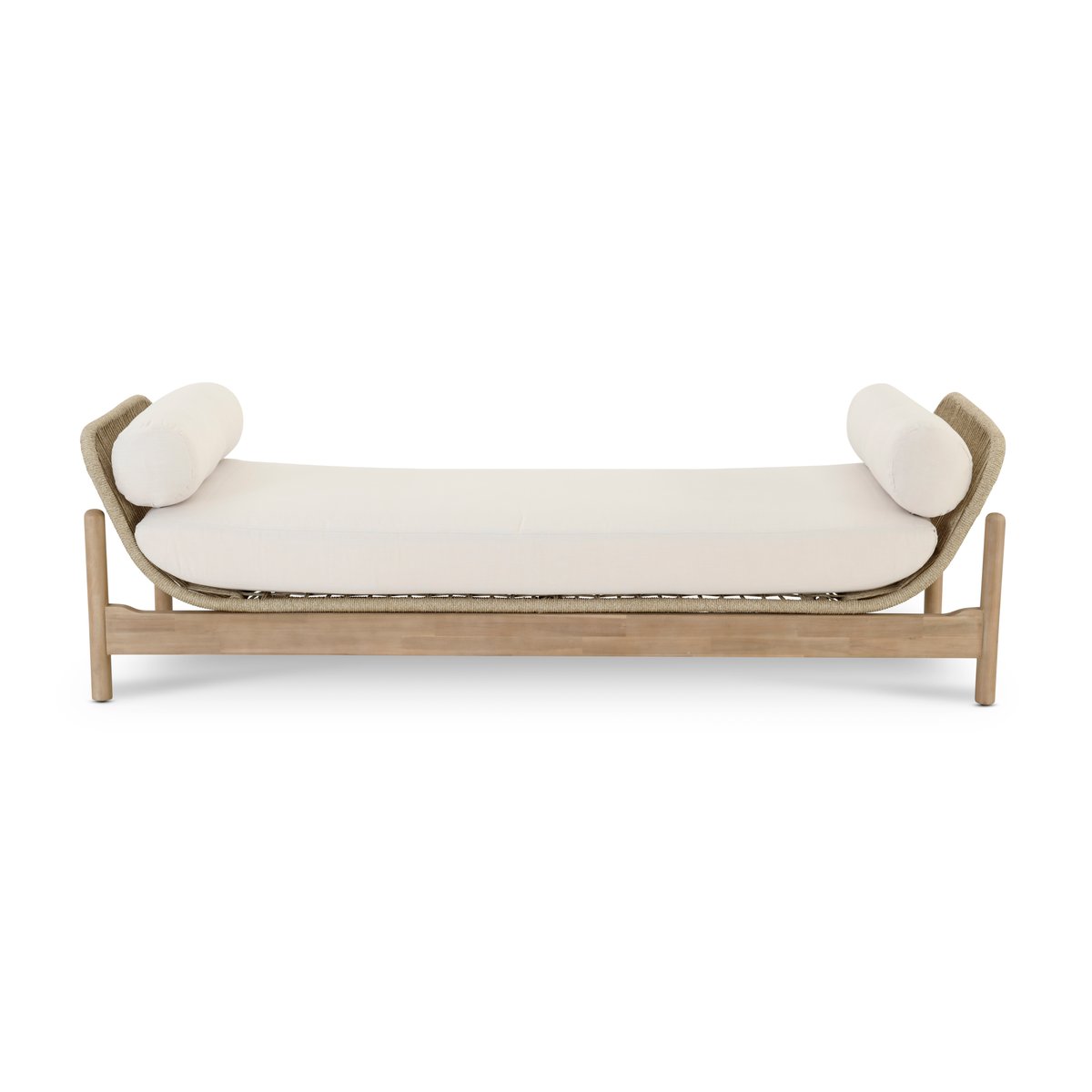 Set chaise longue et table, bois, PROVENZA structure bois clair, corde beige, coussin écru, DEFORA HOME