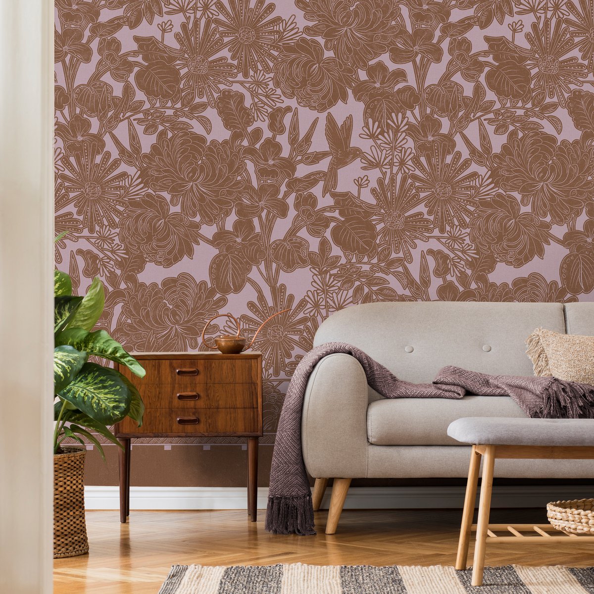 Papier peint panoramique Grandes fleurs brun sur fond rose, ART FOR THE HOME