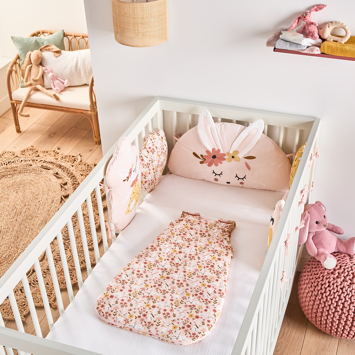 Tour de lit modulable percale bio, Lapin fleuri imprimé rose, LA REDOUTE INTERIEURS