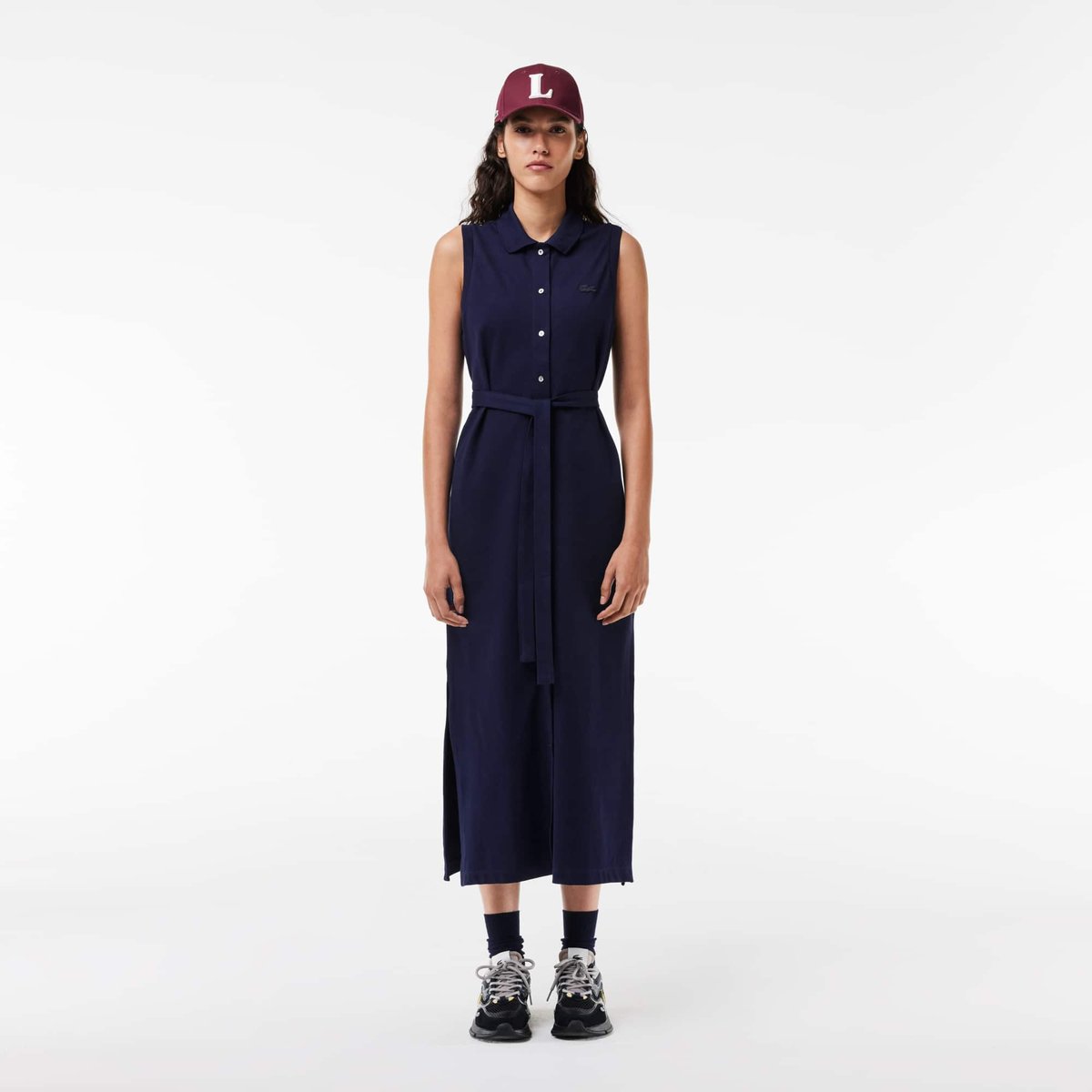 Robe polo longue en mini Piqué stretch bleu-166, LACOSTE