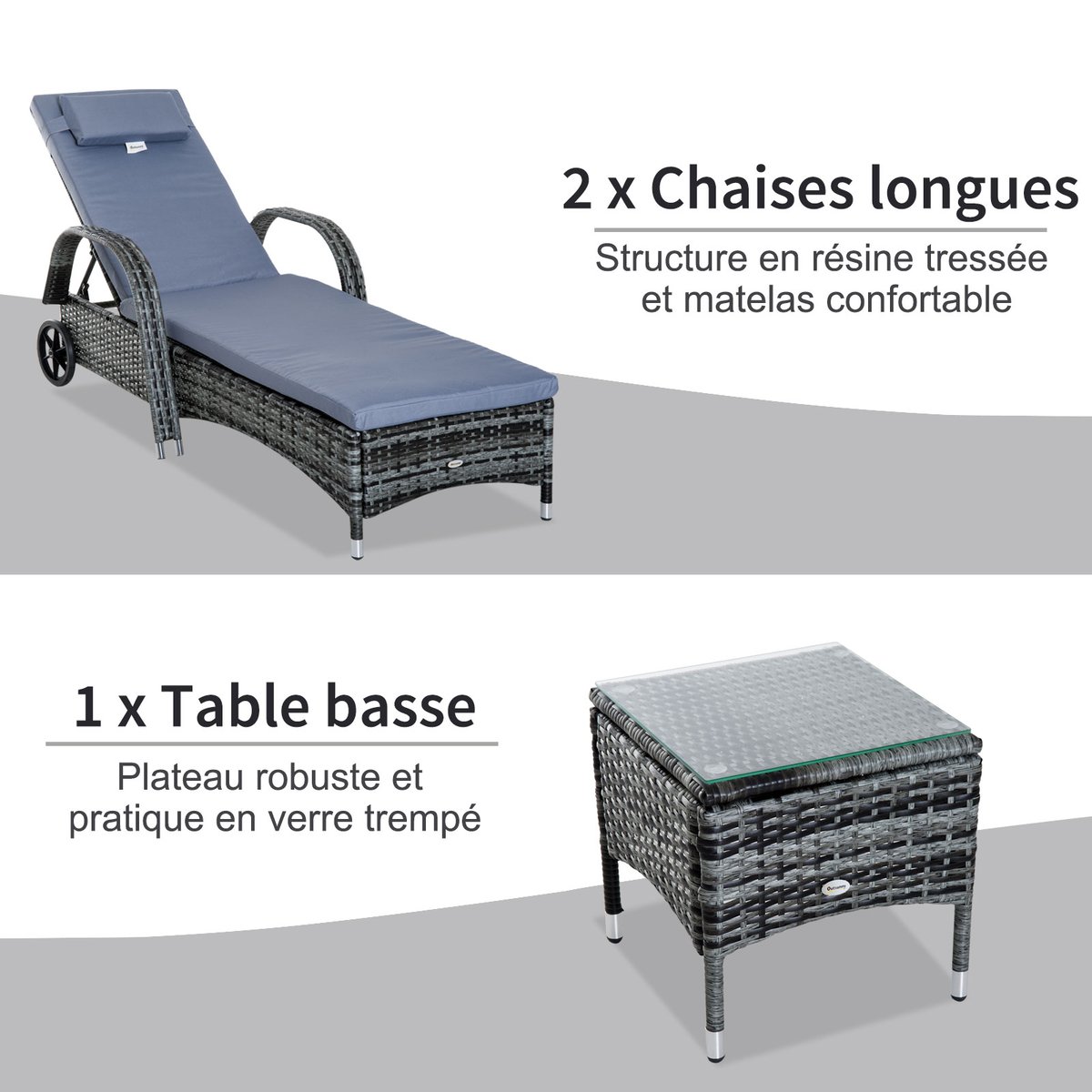 Ensemble de chaises longues en rotin Résine gris, OUTSUNNY