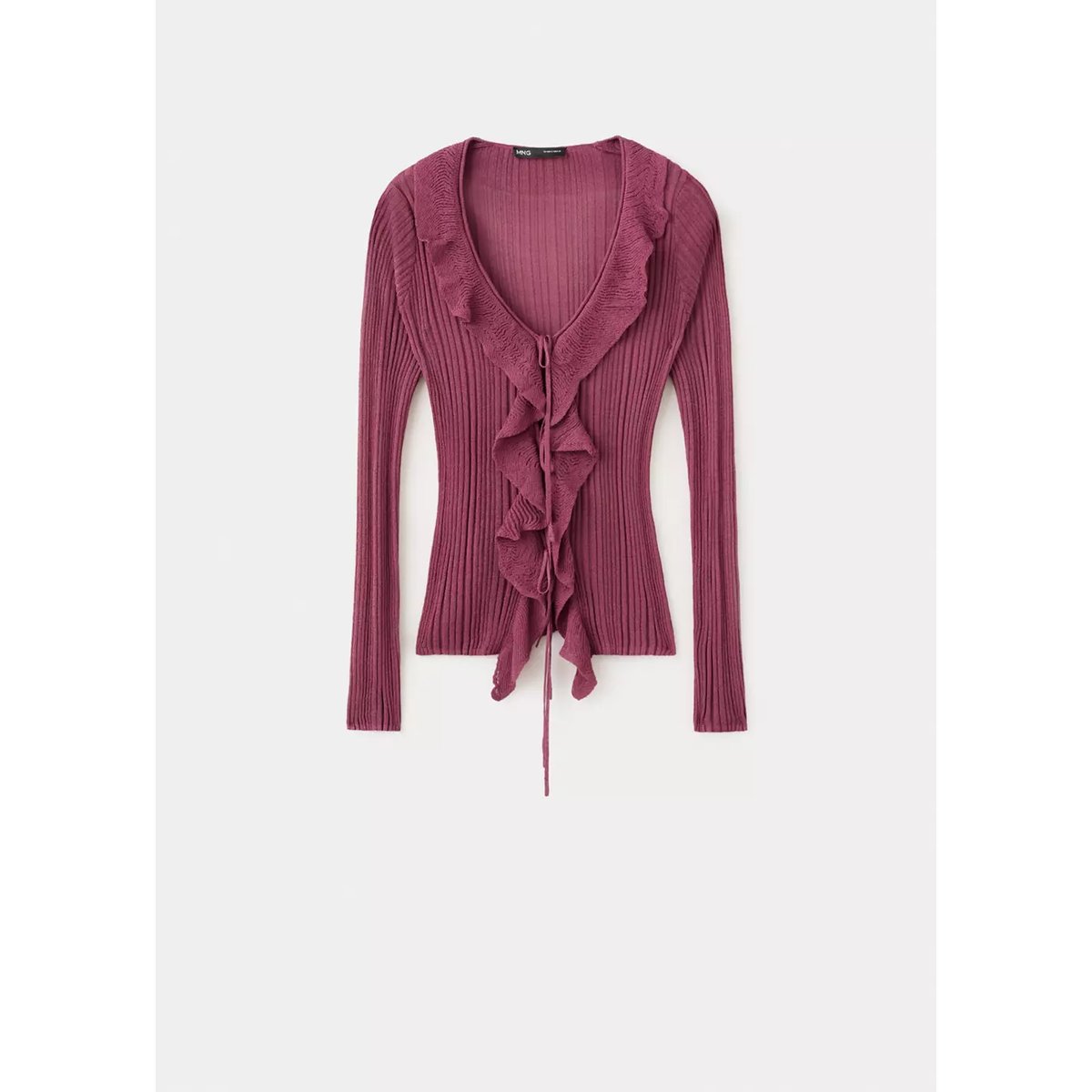 Cardigan en maille texturée avec détail volanté lie de vin, MANGO