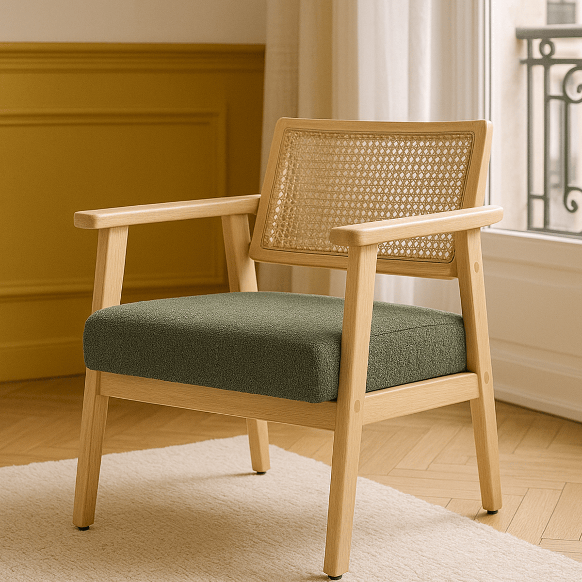 Fauteuil en tissu bouclé et cannage - TIM vert, HOMIFAB