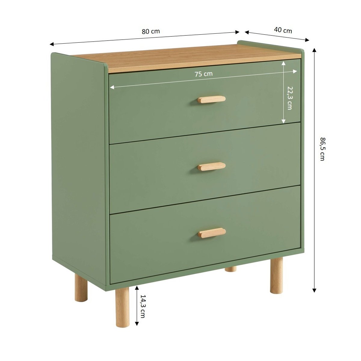 Commode enfant 3 tiroirs AURA vert et chêne clair, BAÏTA