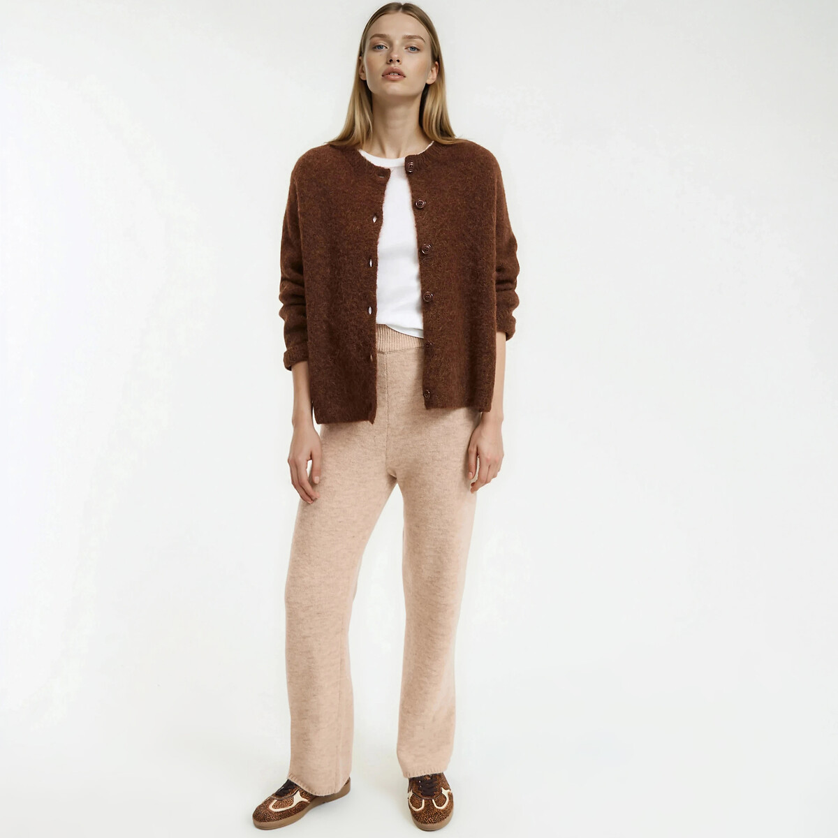 Wide Leg Trousers in Knitted Fabric with High Waist beige marl, LA REDOUTE COLLECTIONS