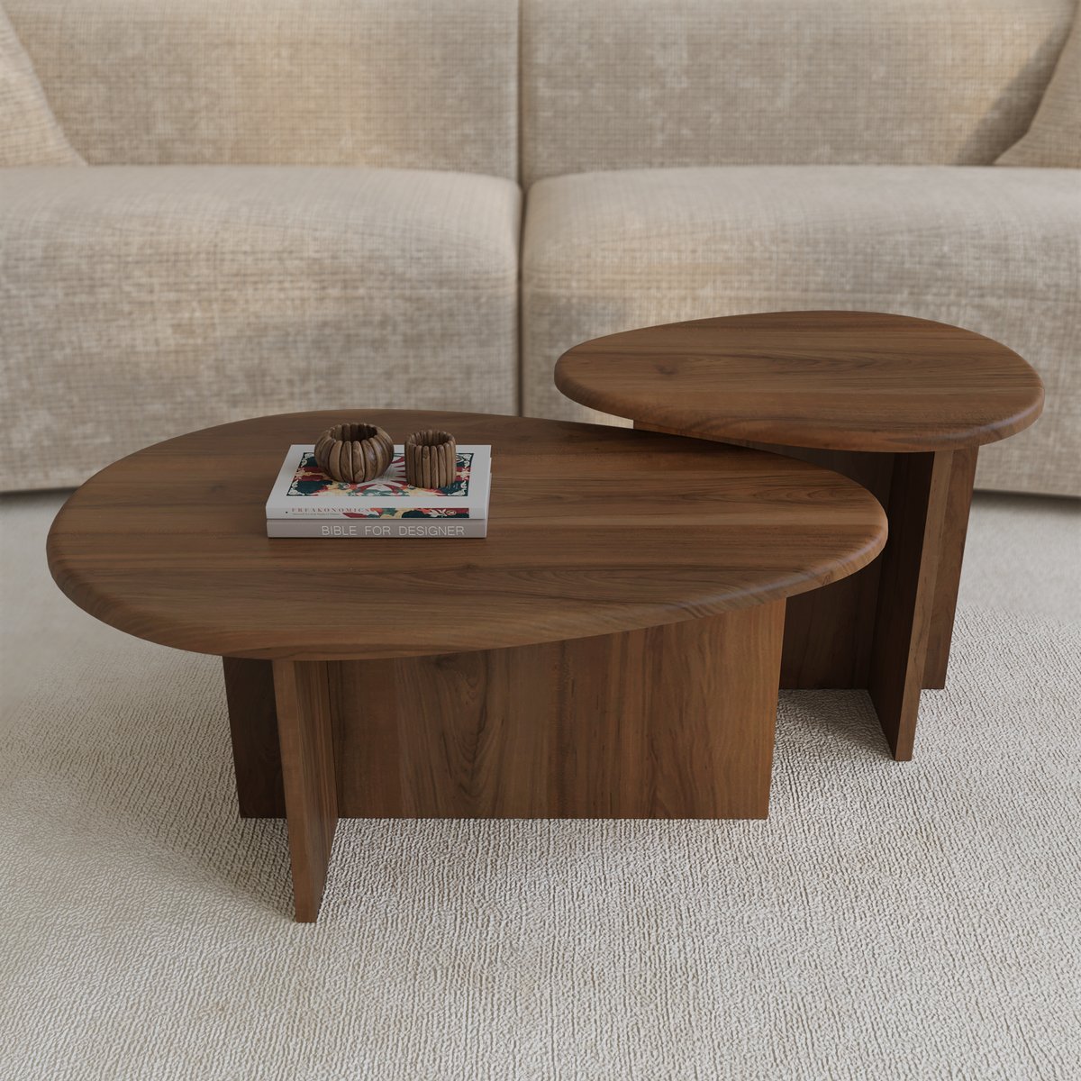 Lot de 2 tables basses gigognes en bois contreplaqué CEDRA noyer, SIA HOME