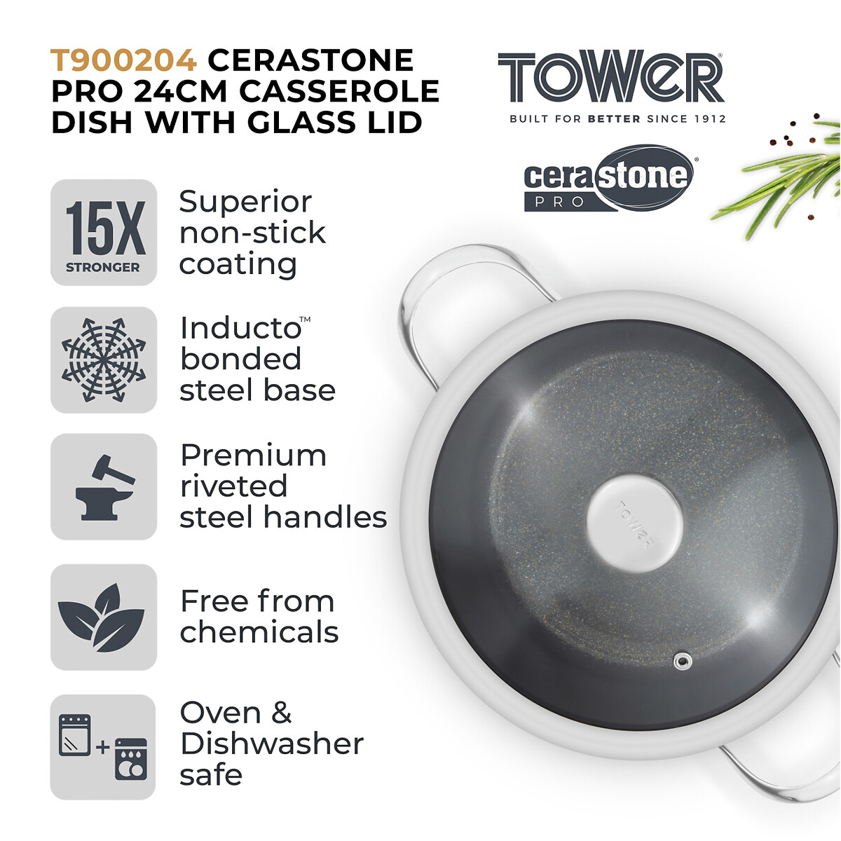 24cm Cerastone Pro Casserole Dish with Lid graphite, TOWER