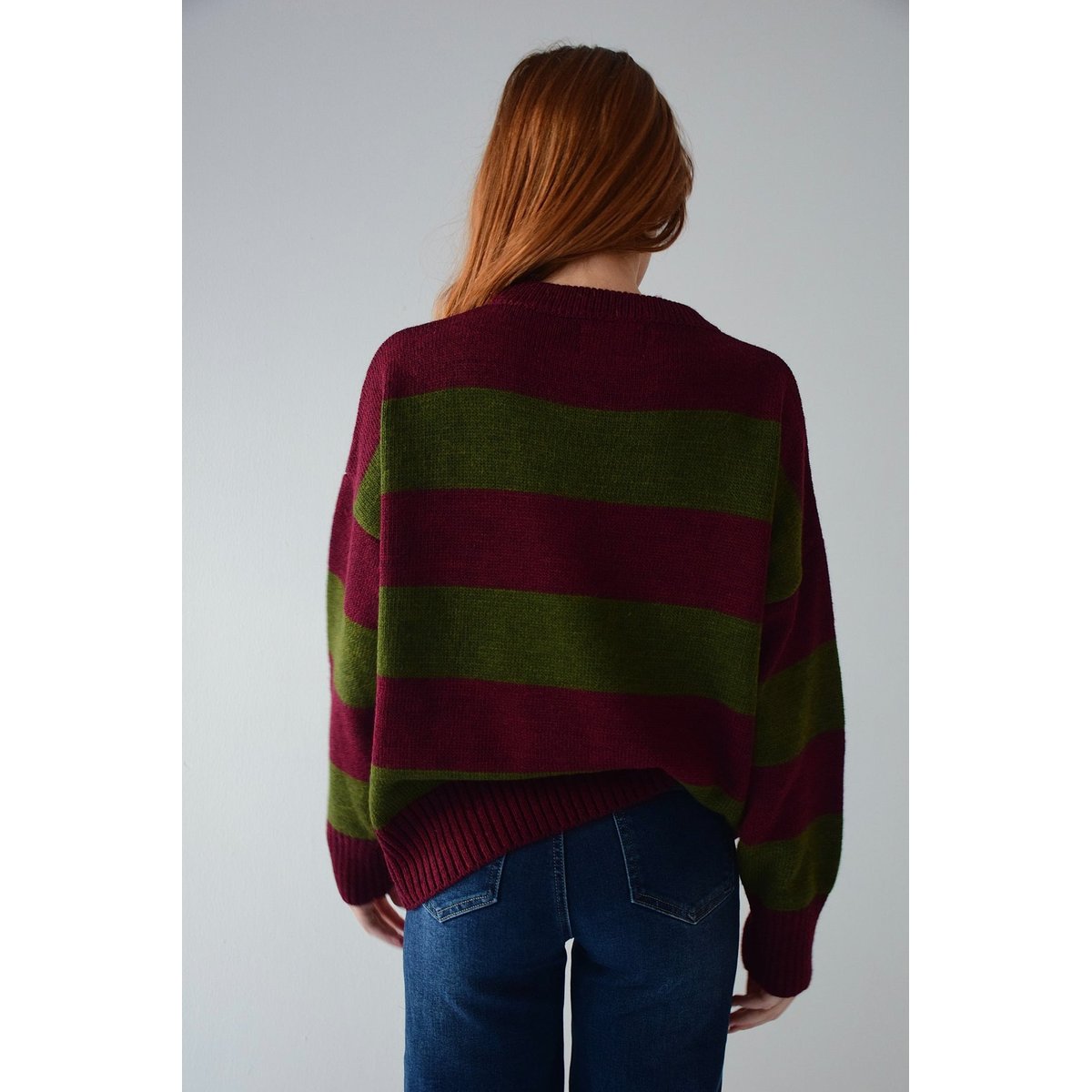 Pull rayé col rond ALEX kaki / bordeaux, MINDTRAVELER