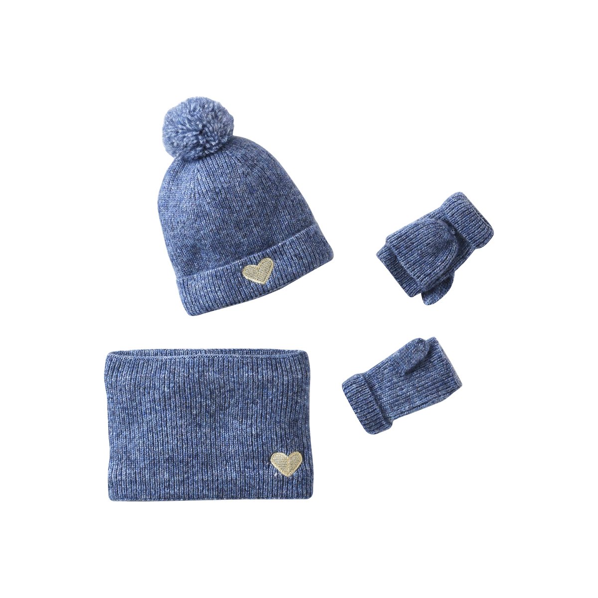 Ensemble bonnet, snood, moufles/mitaines avec badge coeur marine, VERTBAUDET