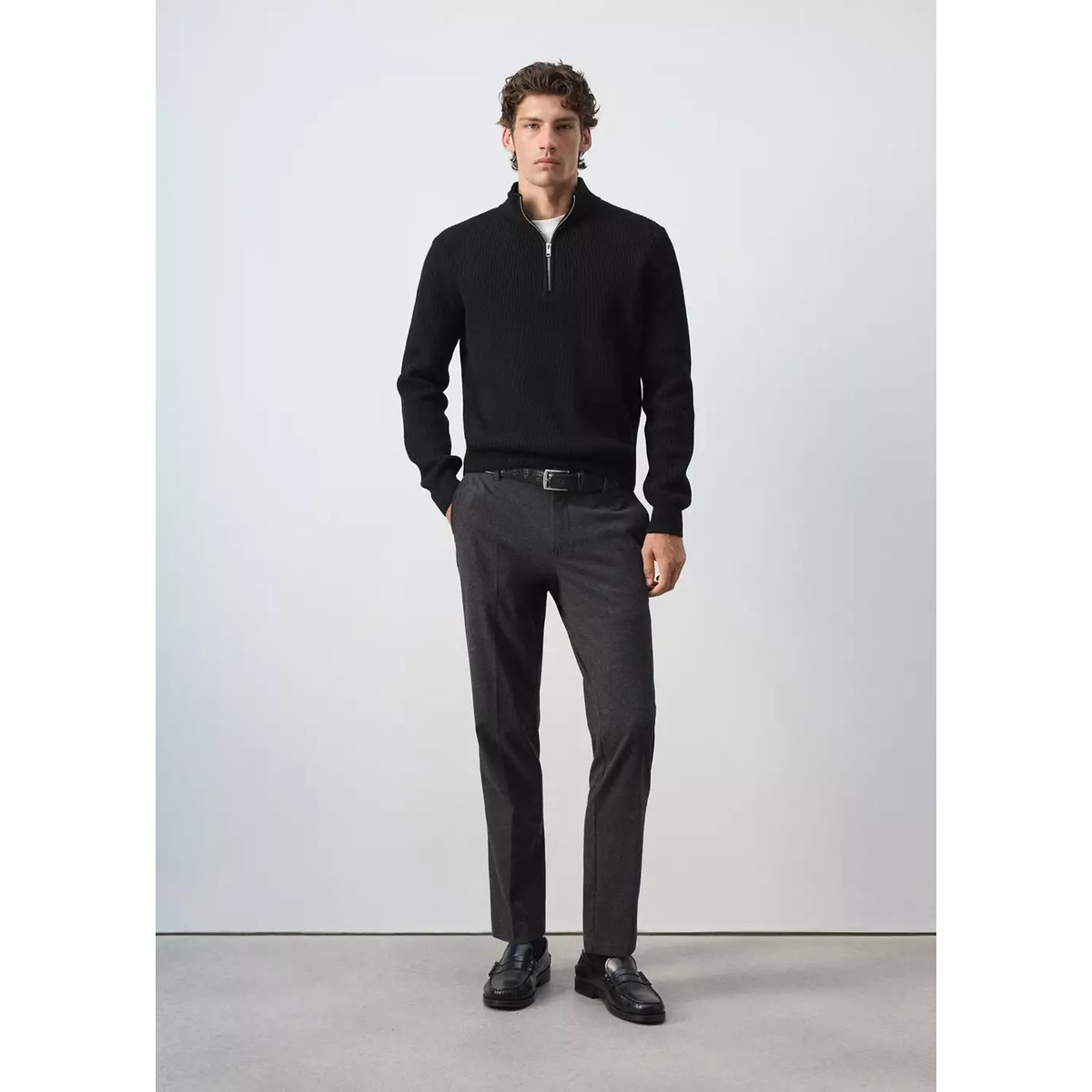 Pull-over zippé maille côtelée noir, MANGO MAN