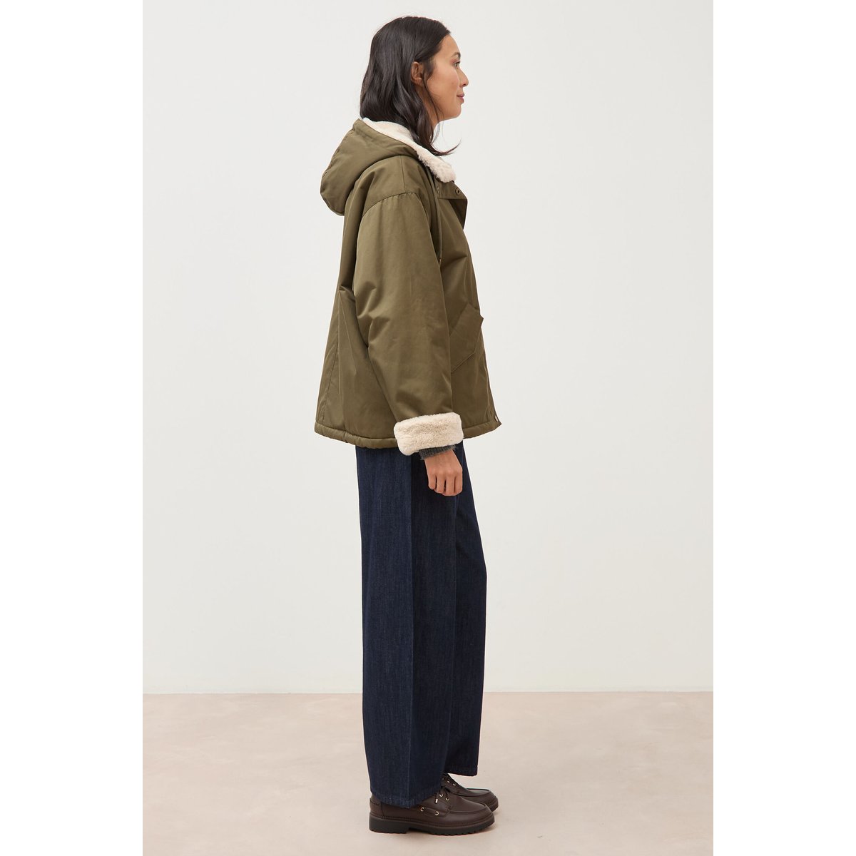 Parka oversize courte à capuche vert kaki, BONOBO