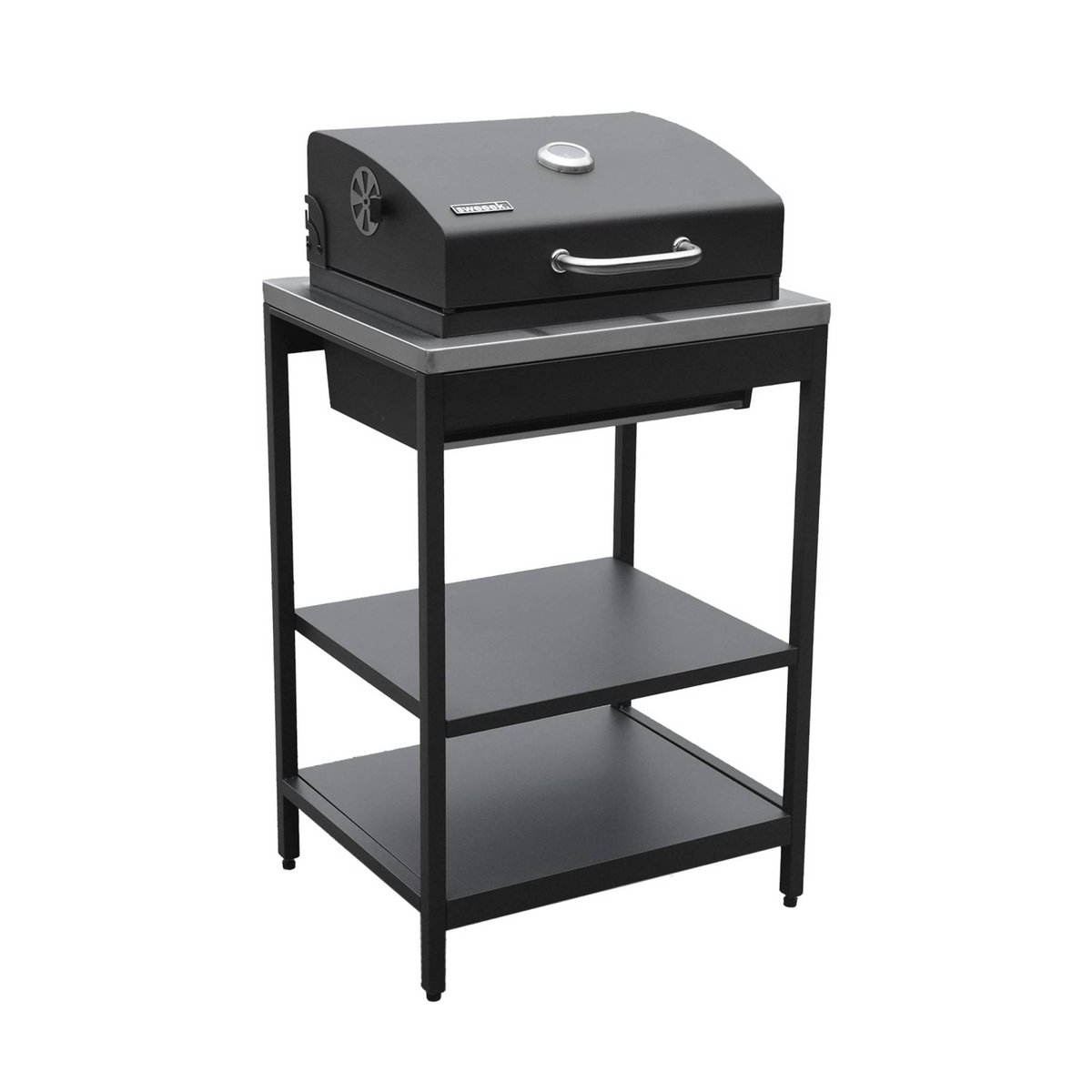 Cuisine d'extérieure 3 modules avec barbecue charbon de bois sur pieds, 2 étagères et thermomètre NAXOS BARBECUE CHARBON + 2 MODULES noir, SWEEEK