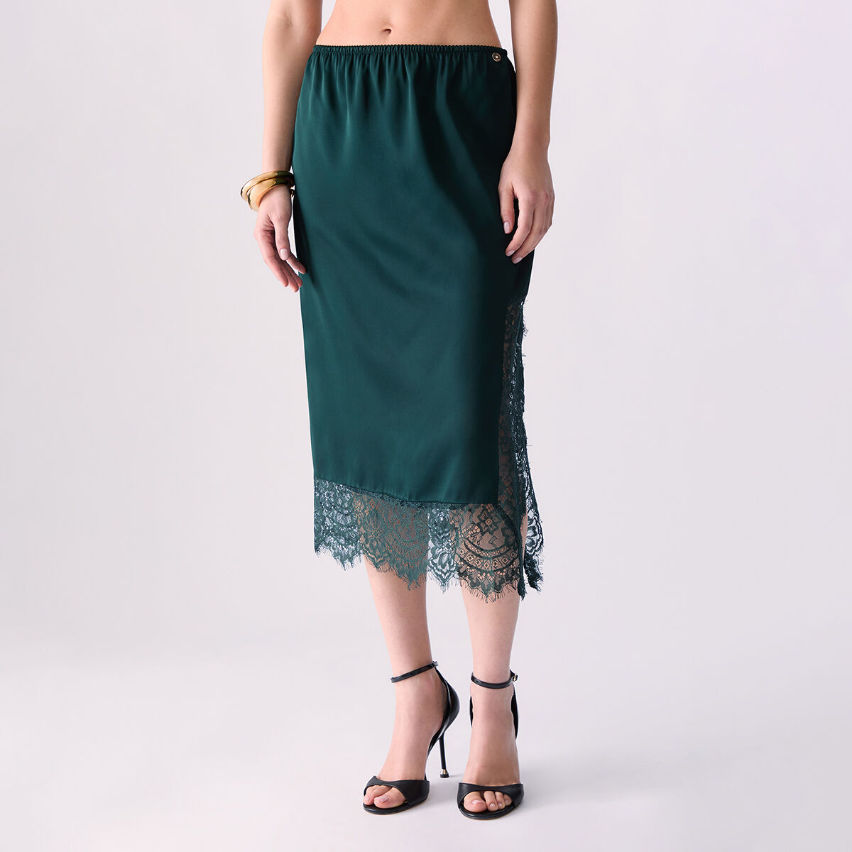 Jupe mi-longue en satin avec dentelle valencienne vert foncé, LIU JO