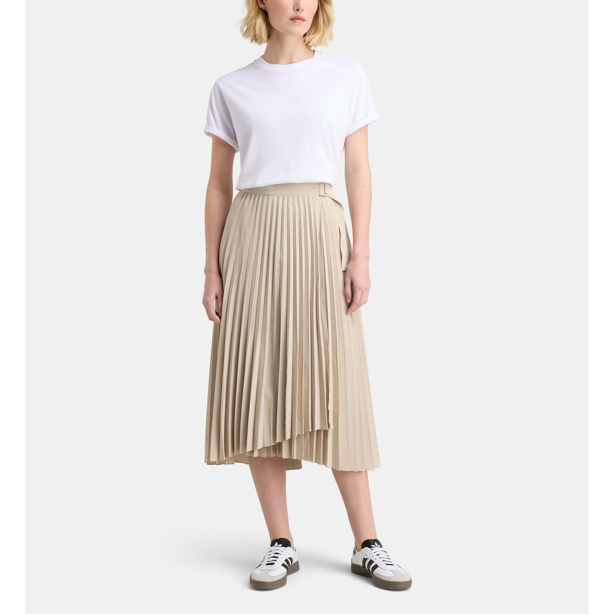 Jupe portefeuille rare plissée asymétrique beige clair, GALERIES LAFAYETTE