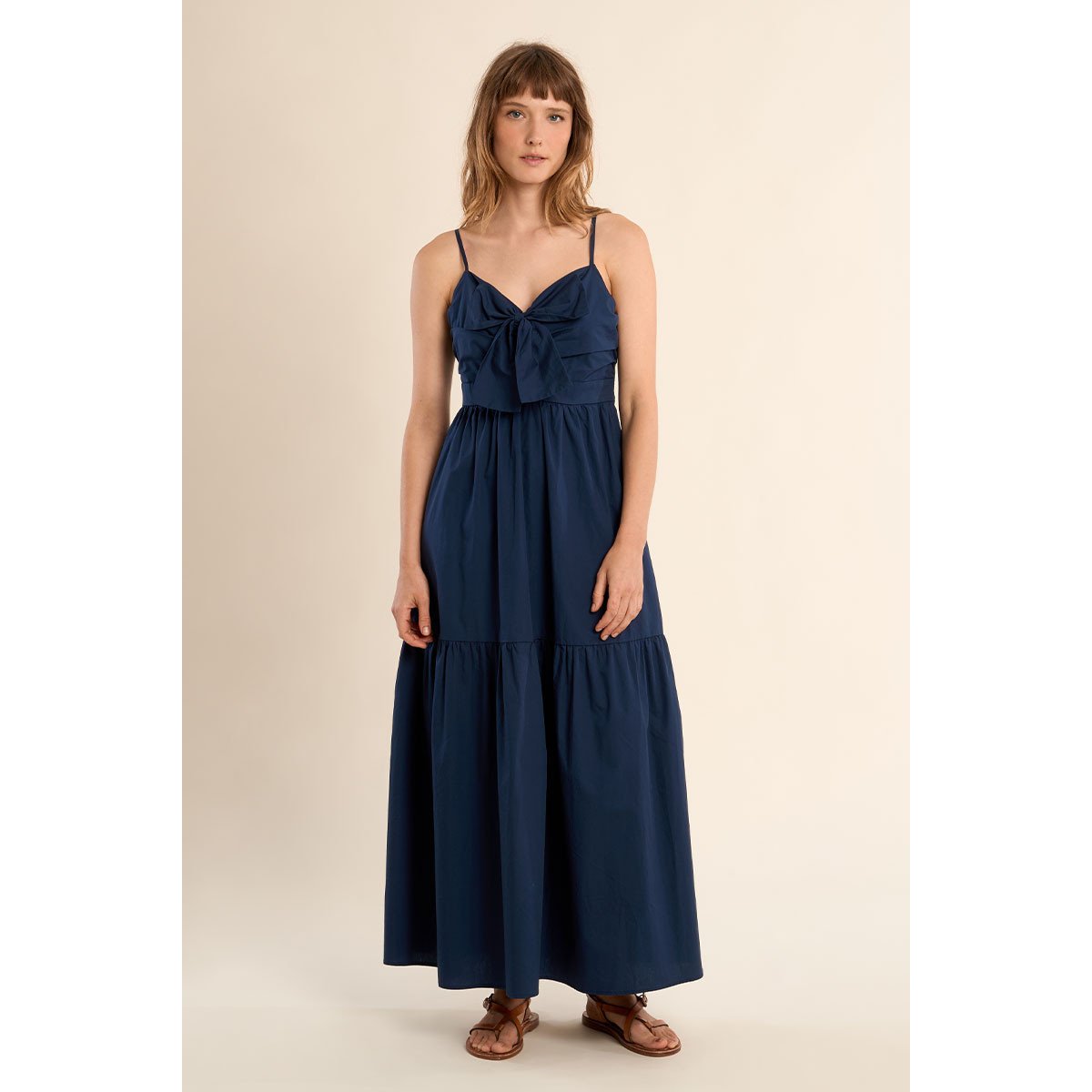 Robe longue en coton, bustier noué navy blue, MOLLY BRACKEN