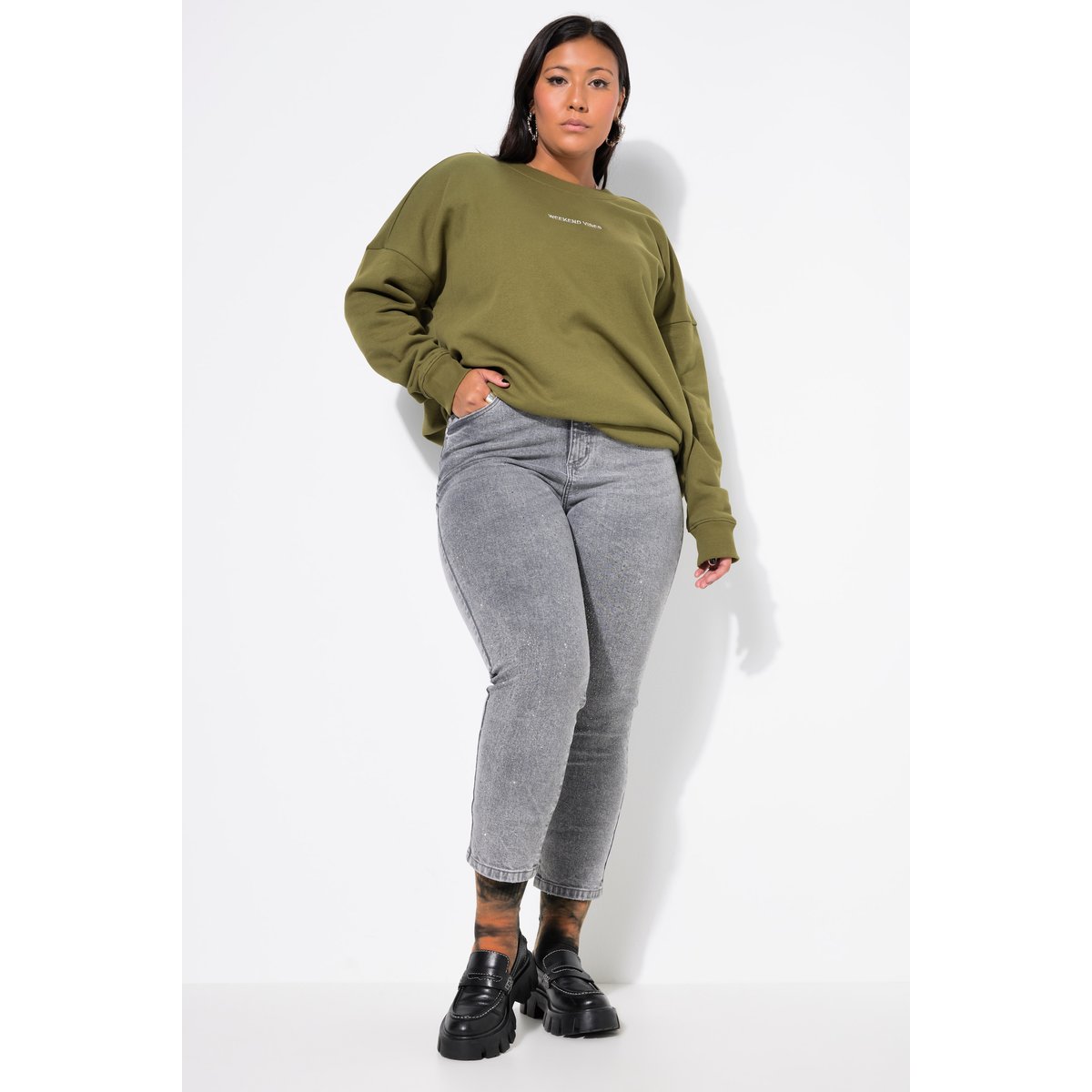 Jean mom à strass. Coupe Wide Legs 5 poches jean gris, STUDIO UNTOLD